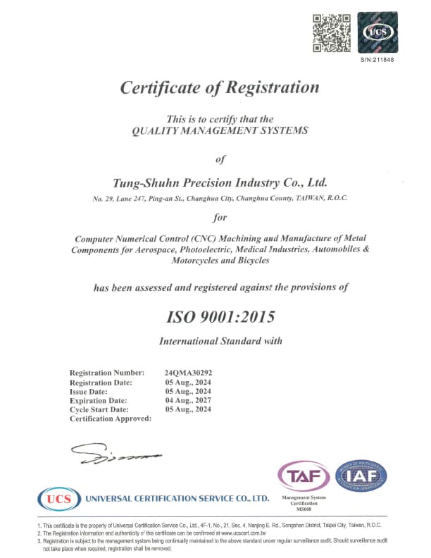 ISO 9001:2015- Tung Shuhn Precision